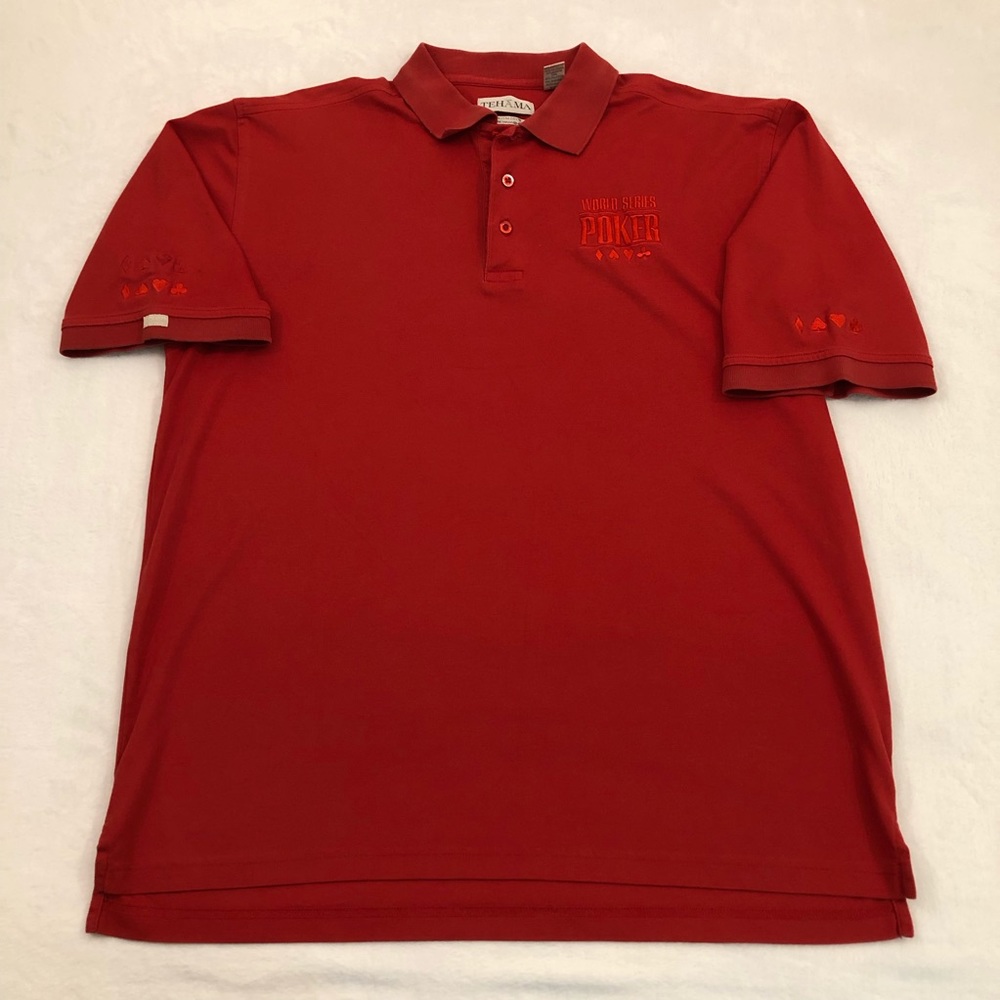 World Series Of Poker Red Tehama Pima Cotton Casual Golf Polo Shirt Mens Size L